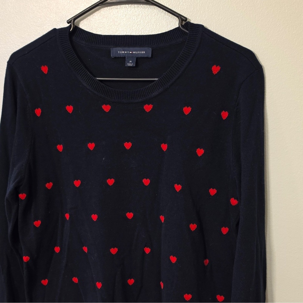 Tommy Hilfiger Women's Navy Red Heart Knit Crew Neck Pullover Sweater M #300